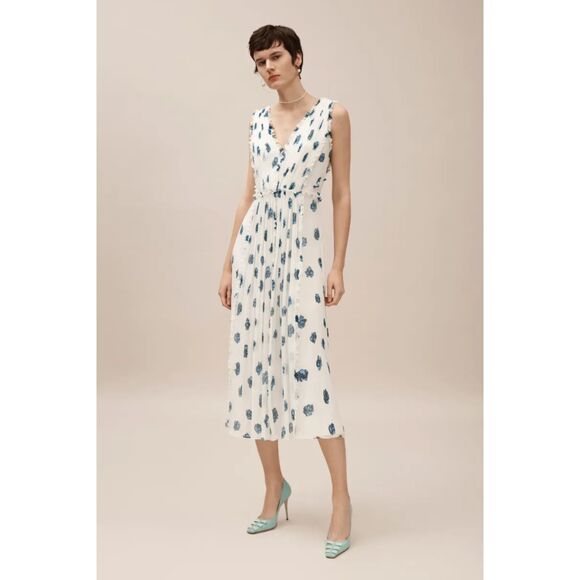 Jason Wu 100% Silk Floral Print V-Neck Sleeveless Midi Ruffle Dress Size 2 XS - Picture 1 of 9